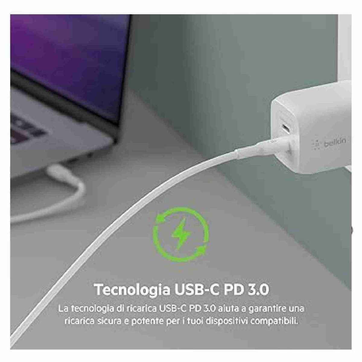 Belkin Caricabatteria da parete USB-C 65W cavo incluso PD 3.0 iPhone iPad MacBook Galaxy S24 - immagine 4