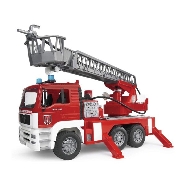 Autopompa MAN TGA Bruder 02771 con Scala Girevole, Pompa Acqua e Modulo Luci Suoni