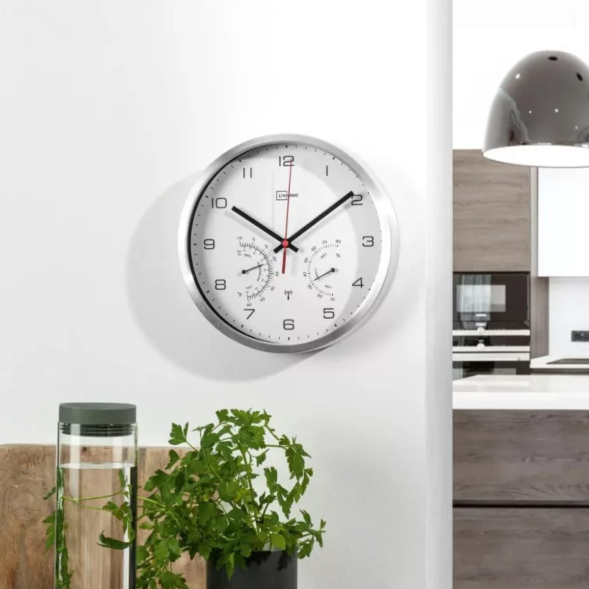 Livarno Orologio Parete Radiocontrollato Termometro e Umidità Cromato Bianco - immagine 2