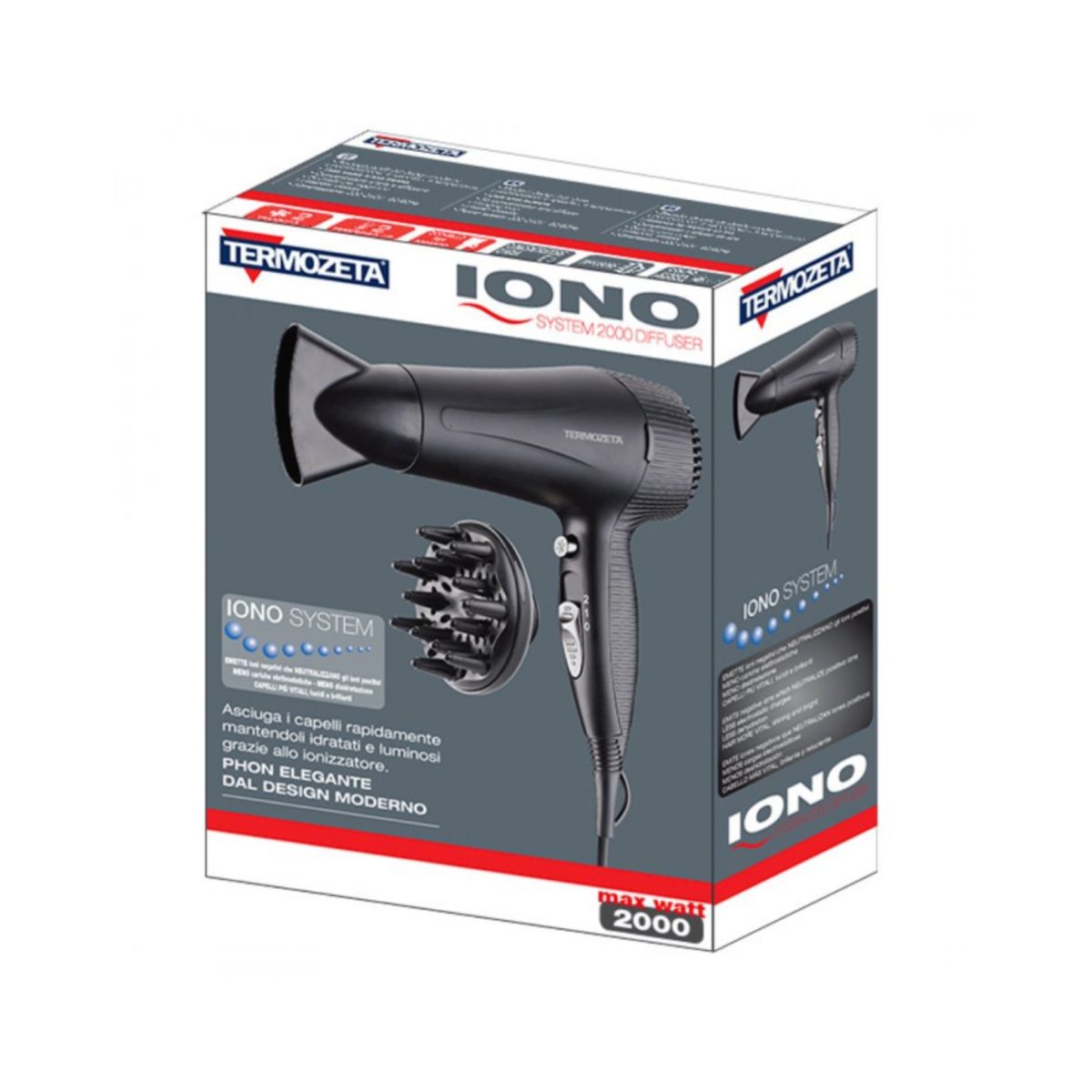 Termozeta 73046 Asciugacapelli Ionico 2000W con Diffusore e Concentratore Nero - immagine 3