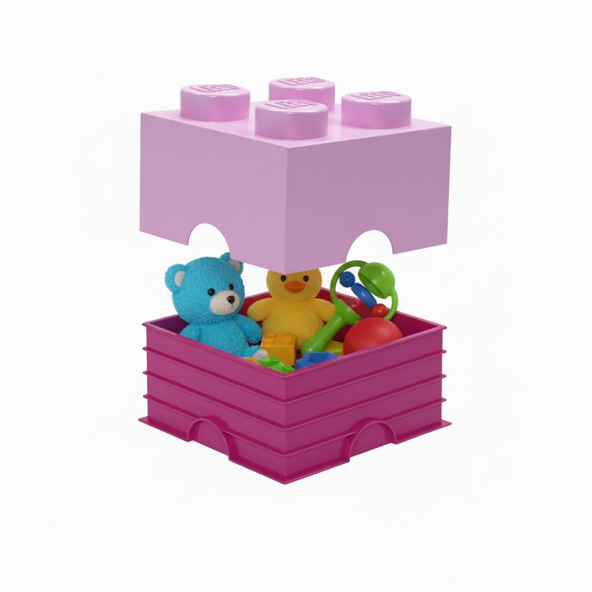 LEGO Mattoncino Contenitore 4 Bottoncini rosa sollevato, base fucsia con peluche e giocattoli