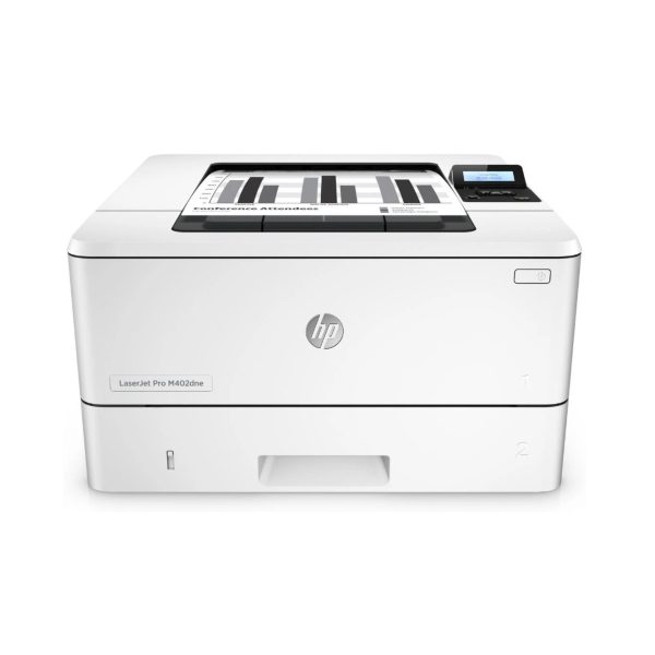 Stampante laser HP LaserJet Pro M402dne ricondizionata, vista frontale con display e vassoio carta