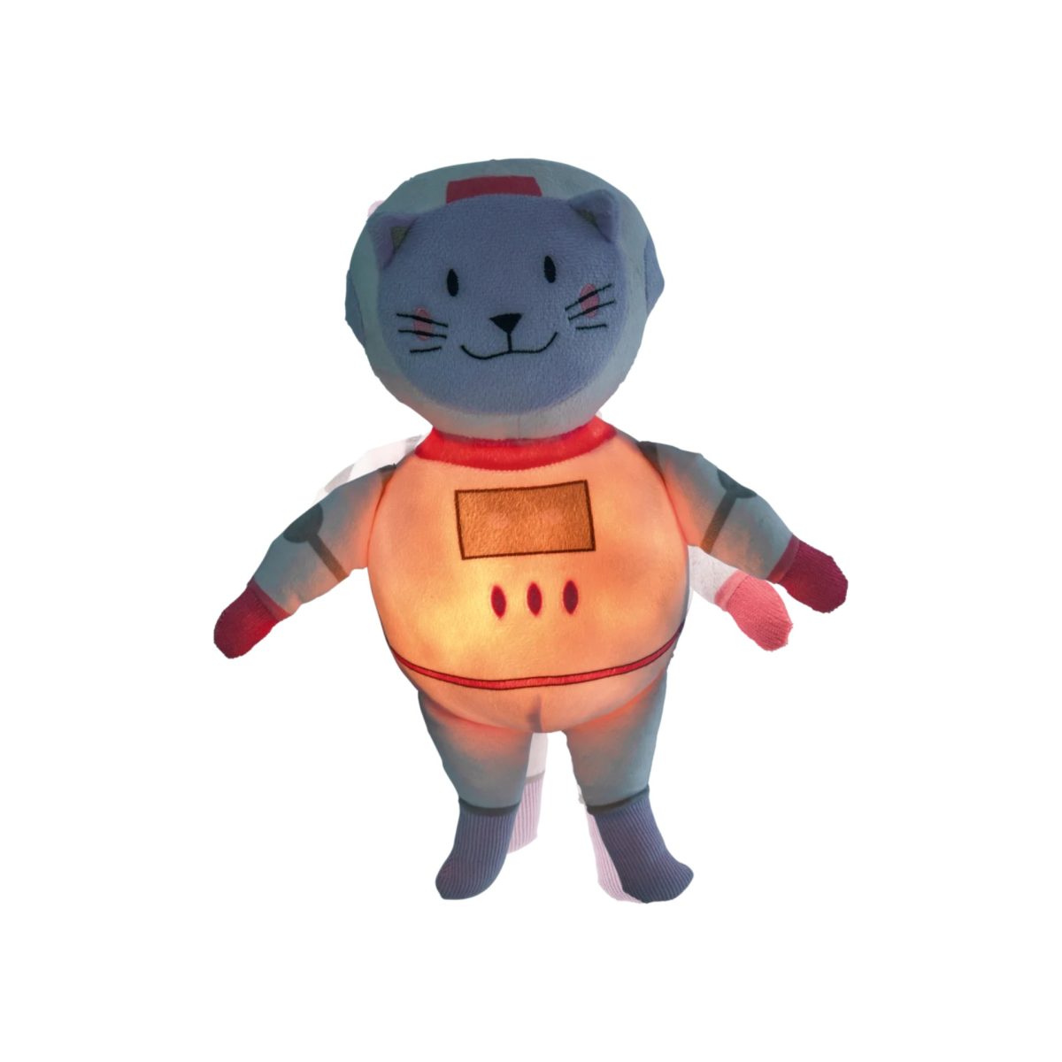Playtive Peluche Gatto Astronauta Luce Notturna LED acceso, dettaglio pannello luminoso arancione sul petto