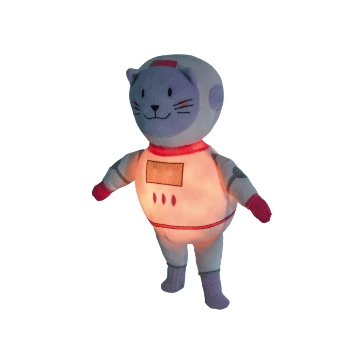 Playtive Peluche Gatto Astronauta Luce Notturna LED, vista laterale con luce led accesa nella tuta