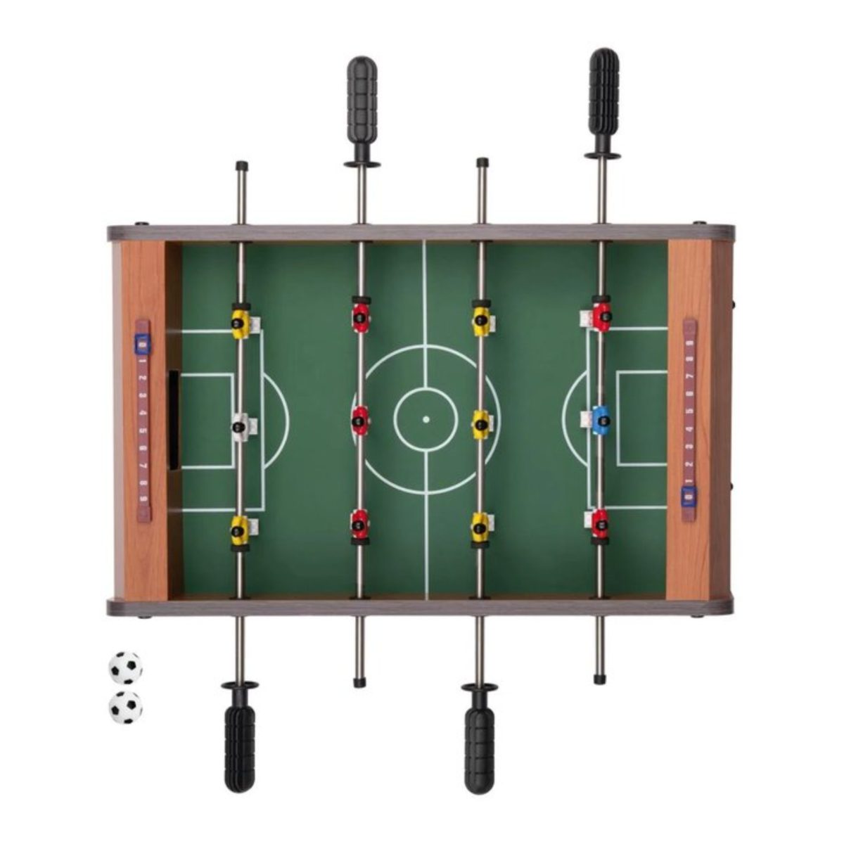 Lupilu Mini Calcio Balilla vista dall'alto con campo verde, calciatori e due palline incluse