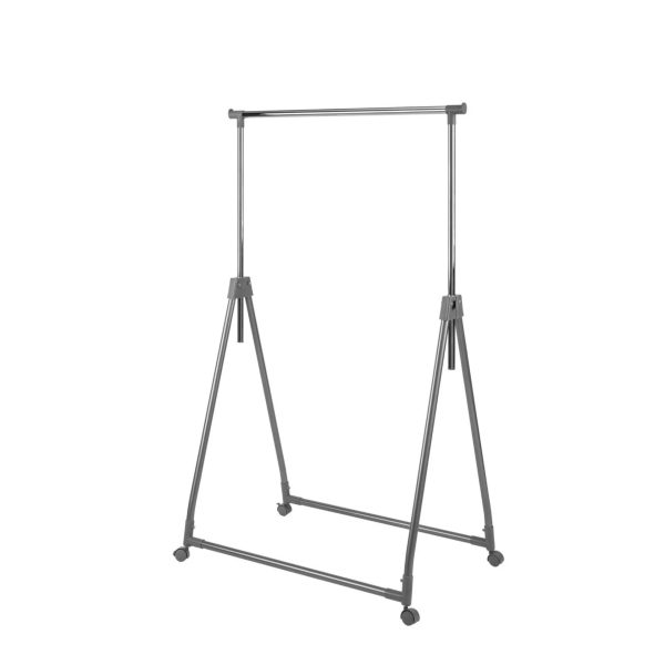 Stander appendiabiti Livarum in metallo salvaspazio 160 cm, vista laterale su ruote pieghevoli