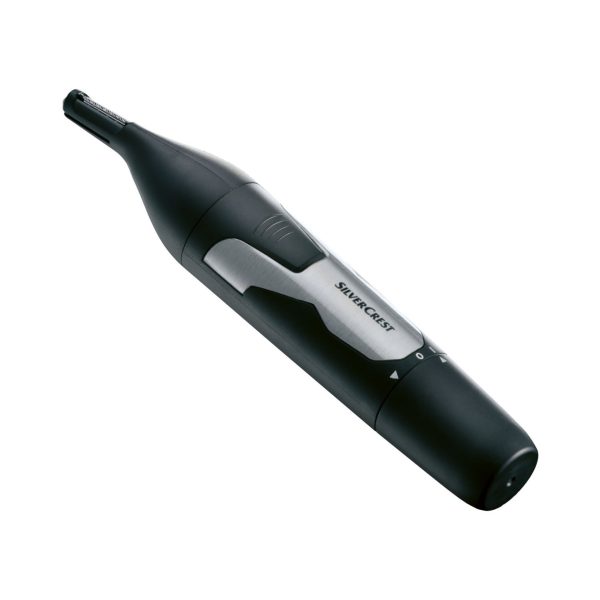 Tagliapeli naso e orecchie Silvercrest a batteria, vista diagonale con testina rotante e interruttore acceso/spento