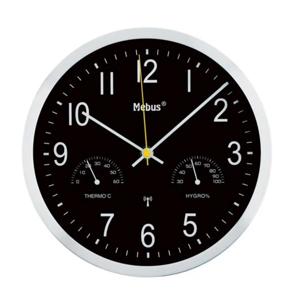 Orologio da parete Mebus in alluminio con termometro e igrometro, vista frontale quadrante nero