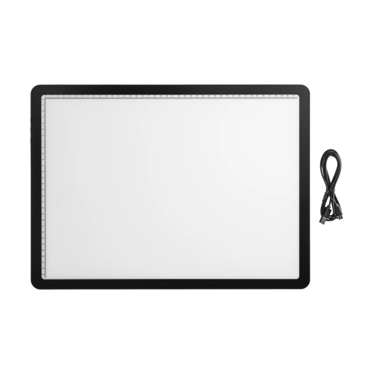 Tavoletta Luminosa LED Crelando A4 vista dall'alto con righelli sui bordi e cavo USB incluso
