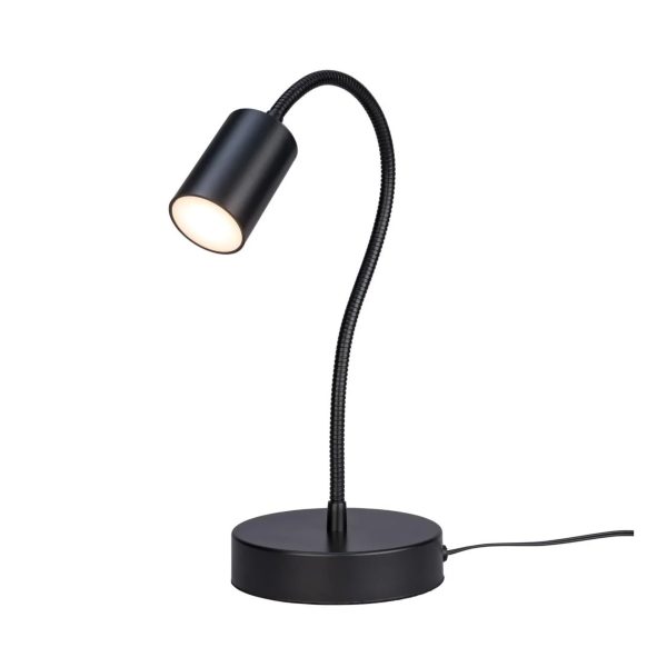 Lampada LED Livarno Home con braccio orientabile flessibile, luce bianca calda accesa, vista frontale su sfondo bianco