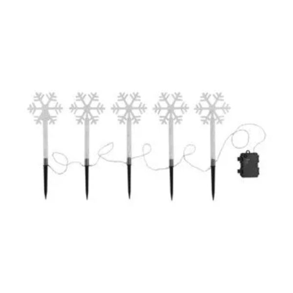 Luci led decorative Livarno con 5 fiocchi di neve luminosi, picchetti da giardino e vano batterie, luce bianca