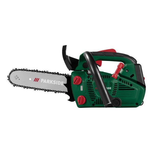 Motosega a benzina Parkside PBBPS 25 ricondizionata, vista laterale con barra 25cm e impugnatura