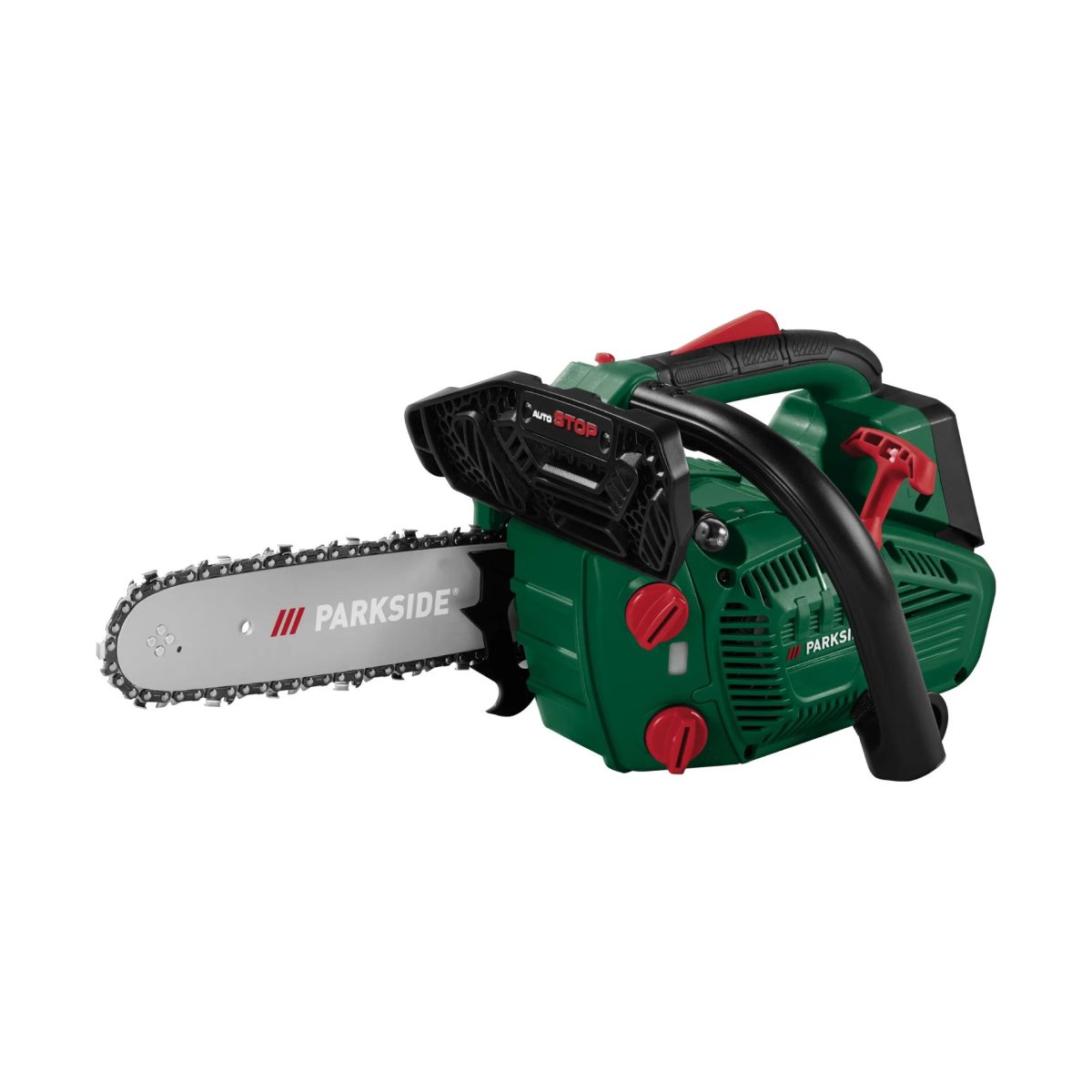 Motosega leggera Parkside PBBPS 25 25cc vista frontale con logo Auto Stop e impugnatura rossa