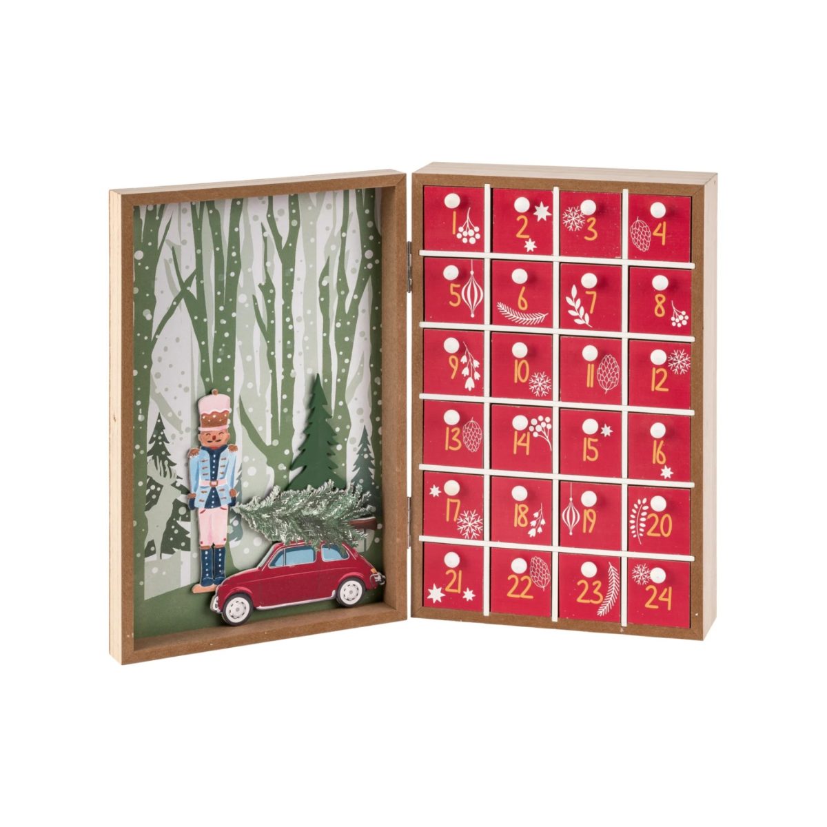Calendario dell'Avvento Livarno Home aperto con 24 cassetti numerati e scenografia invernale
