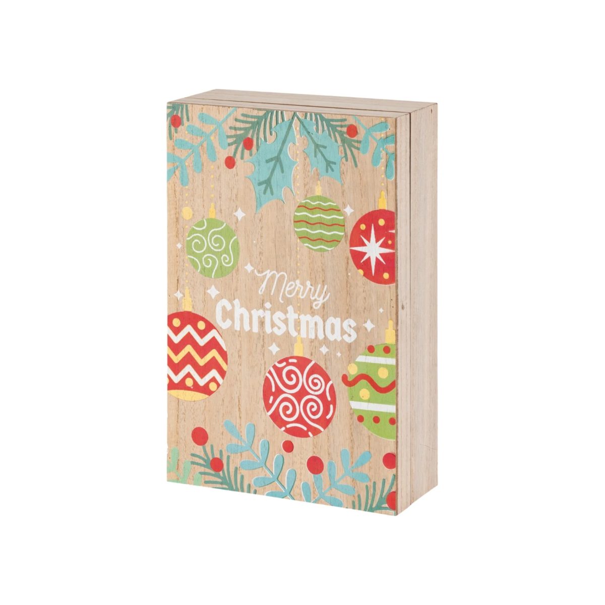 Calendario dell'Avvento Livarno Home in legno, vista laterale opposta con palline decorative dipinte