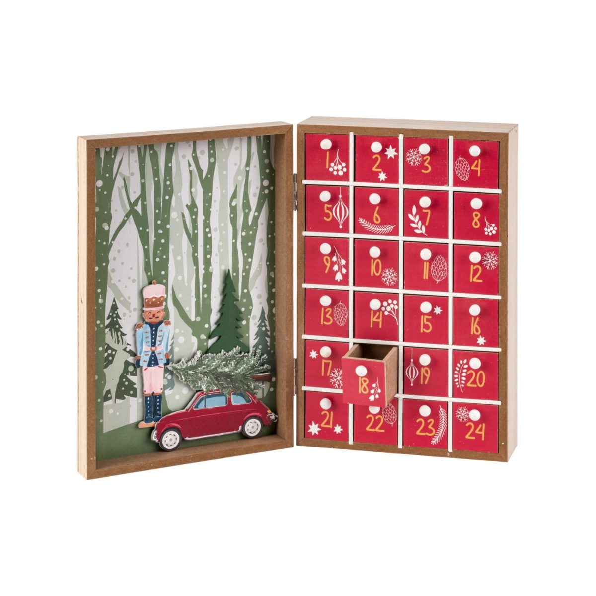Calendario dell'Avvento Livarno Home aperto con cassetto 18 estratto, schiaccianoci e auto d'epoca