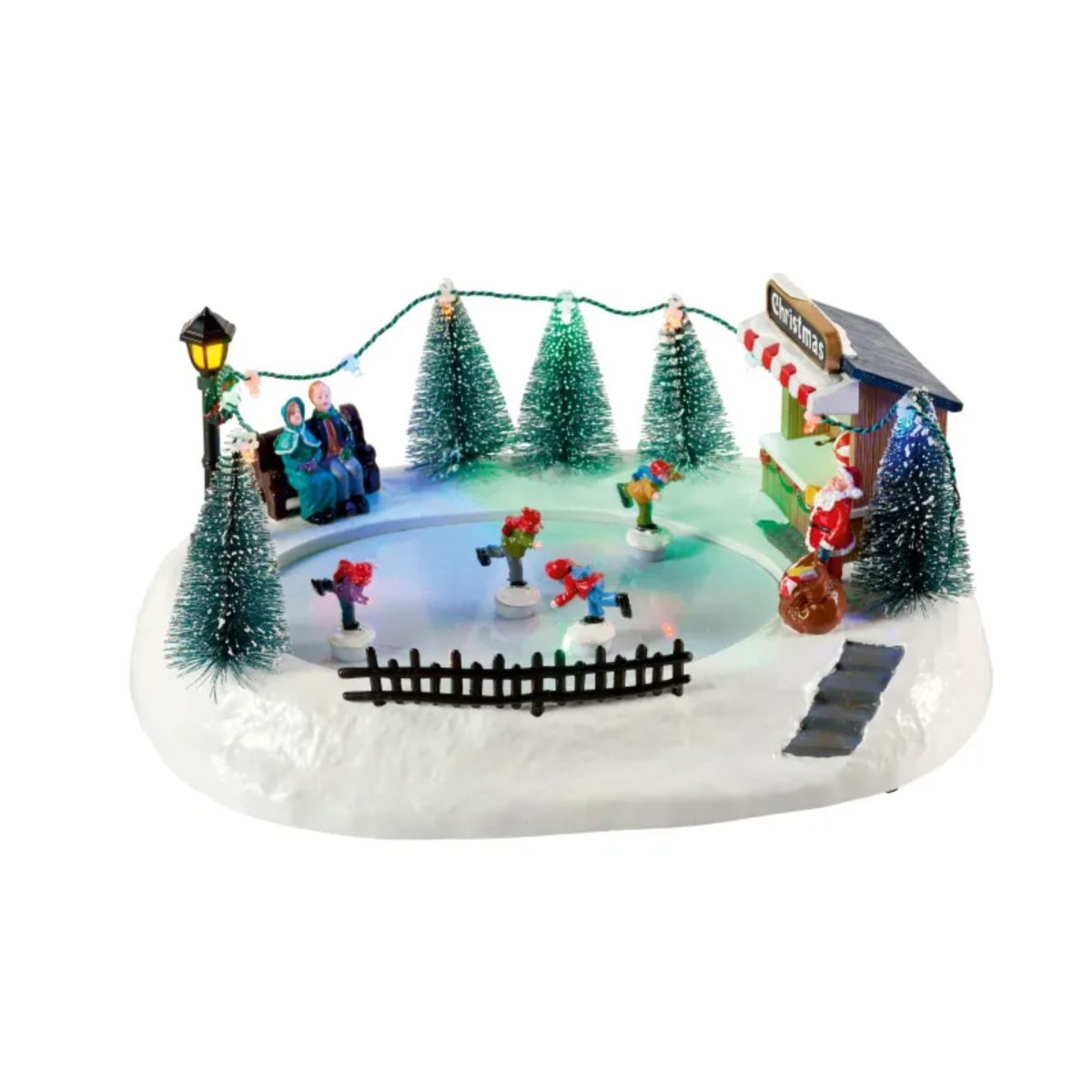 Livarno Home Scena Natalizia LED Musicale con Pattinatori Movimento, dettaglio pista con alberi, lampione e Babbo Natale