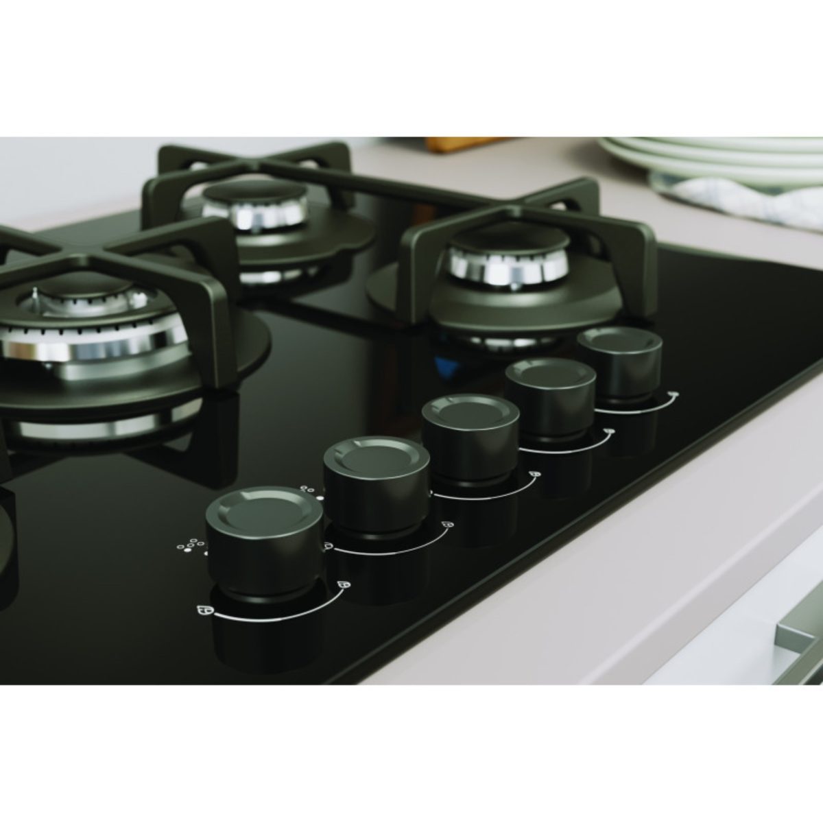 Piano cottura Indesit ING 72T BK 1, dettaglio bruciatori e manopole con icone di regolazione fiamma