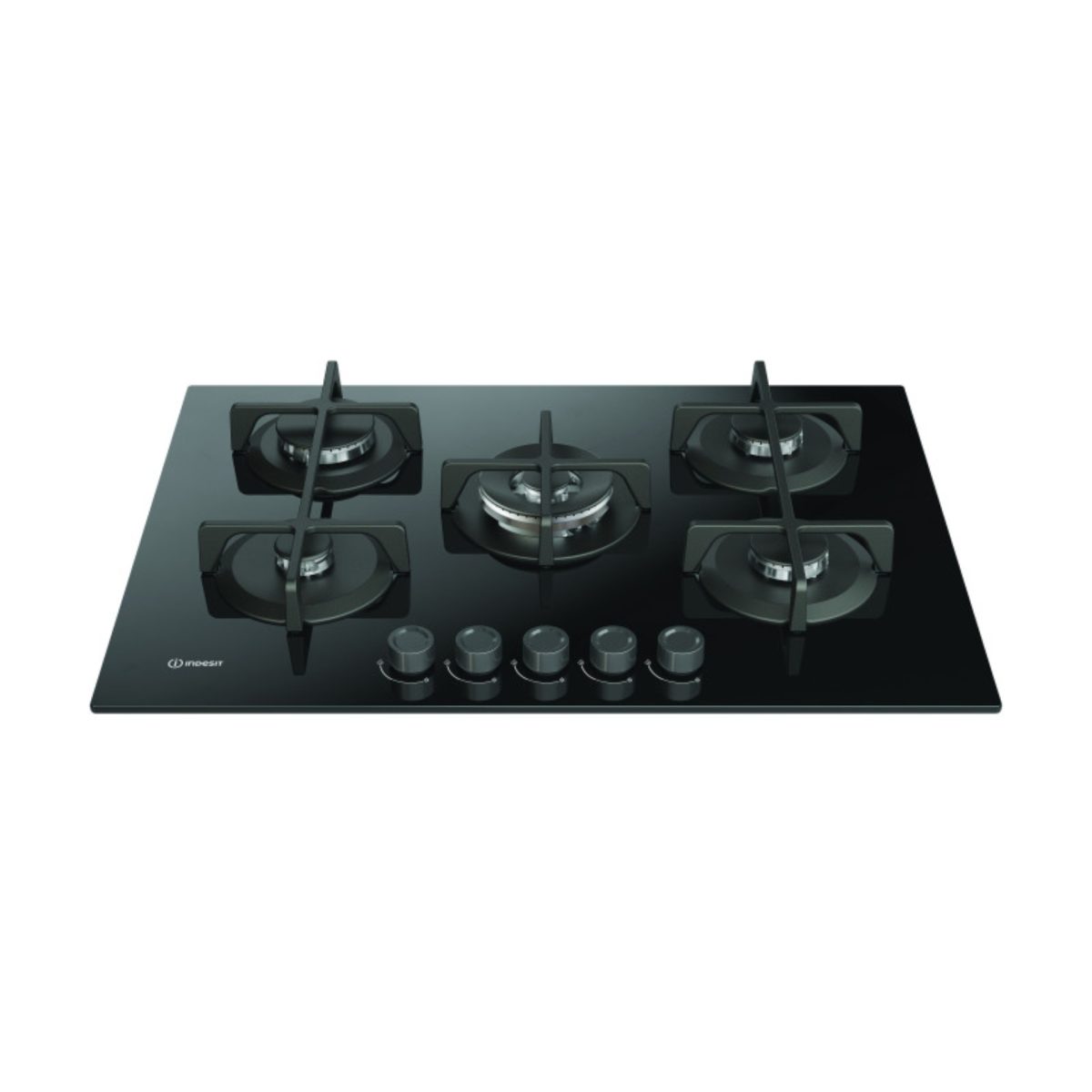 Piano cottura gas Indesit ING 72T BK 1 in vetro nero, vista prospettica con 5 fuochi e griglie ghisa