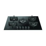 Piano cottura gas Indesit ING 72T BK 1 in vetro nero, vista prospettica con 5 fuochi e griglie ghisa