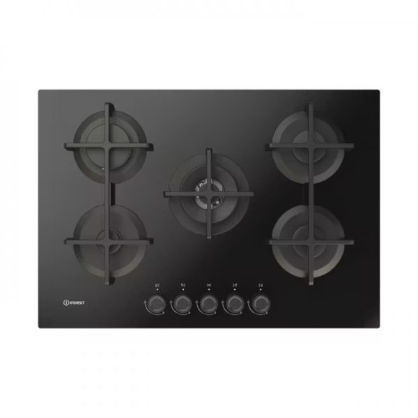 Piano cottura gas Indesit ING 72T BK 1 vista dall'alto con 5 fuochi e griglie in ghisa nere