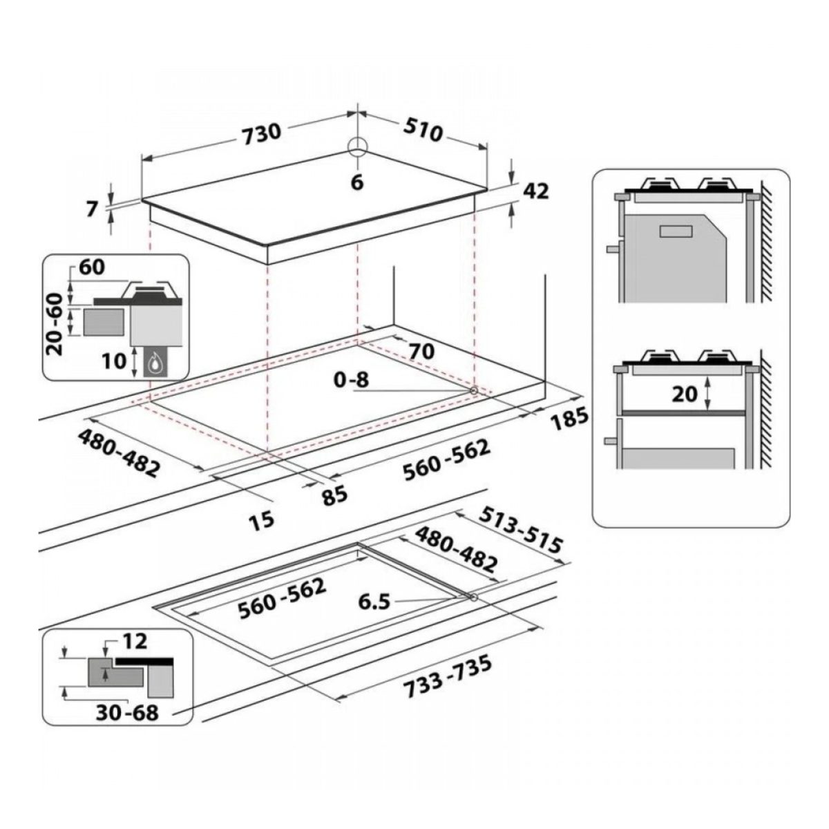 Schema tecnico con dimensioni di installazione del piano cottura Indesit ING 72T BK 1 75cm