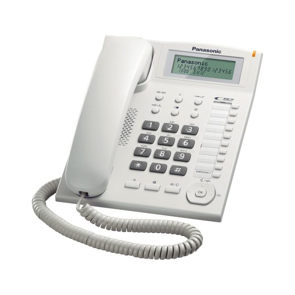 Panasonic KX-TS880EXW telefono fisso business bianco, vista frontale con display e cornetta