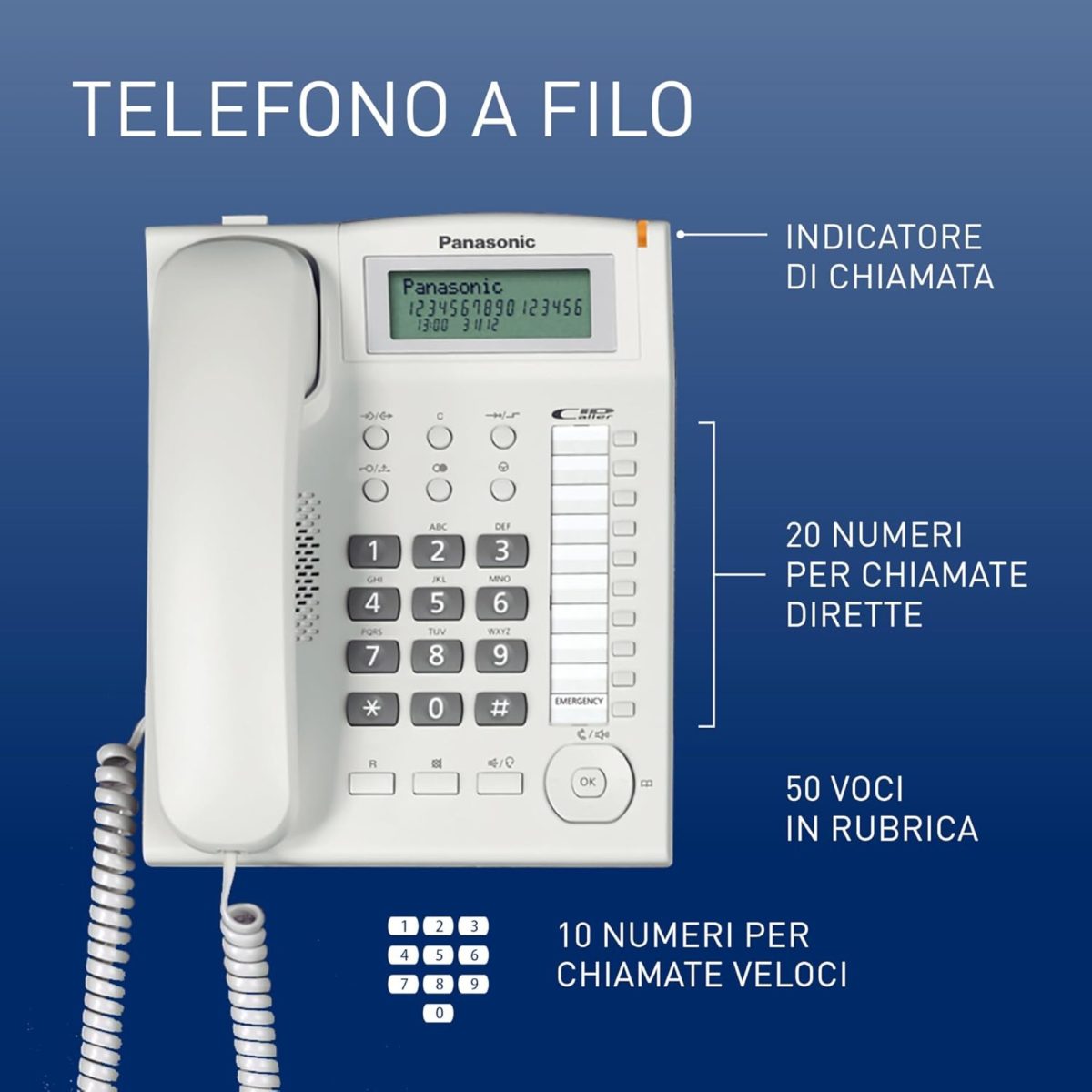 Panasonic KX-TS880EXW telefono a filo, dettaglio tasti memoria, rubrica 50 voci e chiamate veloci