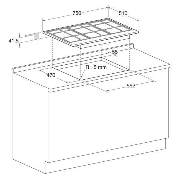 Piano cottura Hotpoint FTGHL 751 D EX HA: schema tecnico con dimensioni e istruzioni di incasso