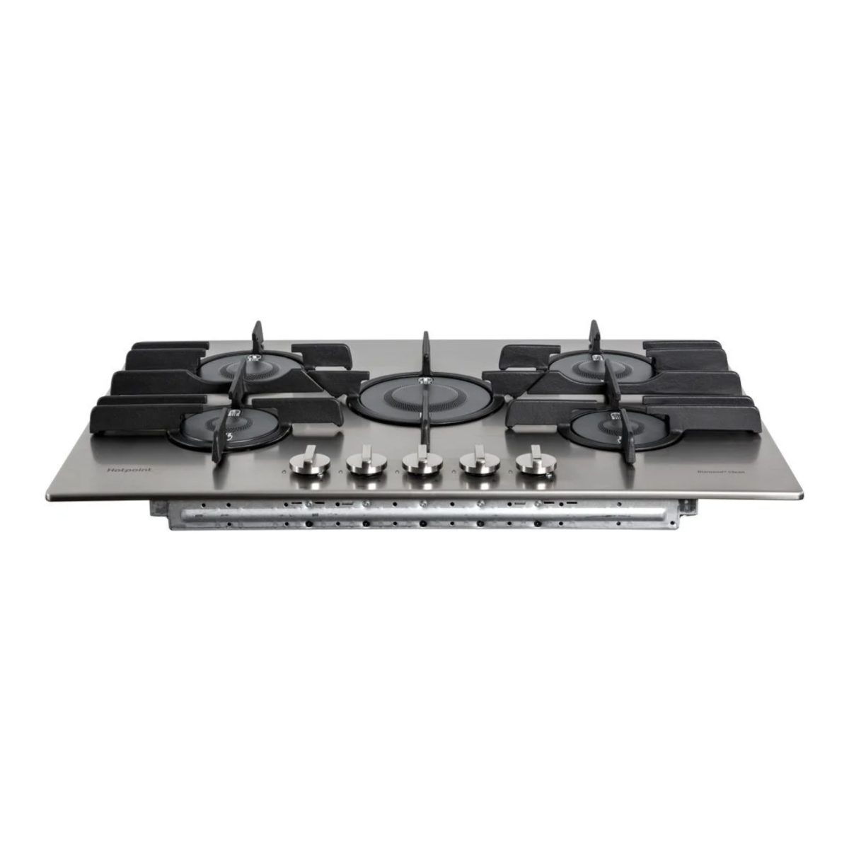 Piano cottura a gas Hotpoint FTGHL 751 D EX HA inox, vista laterale con 5 fuochi e manopole