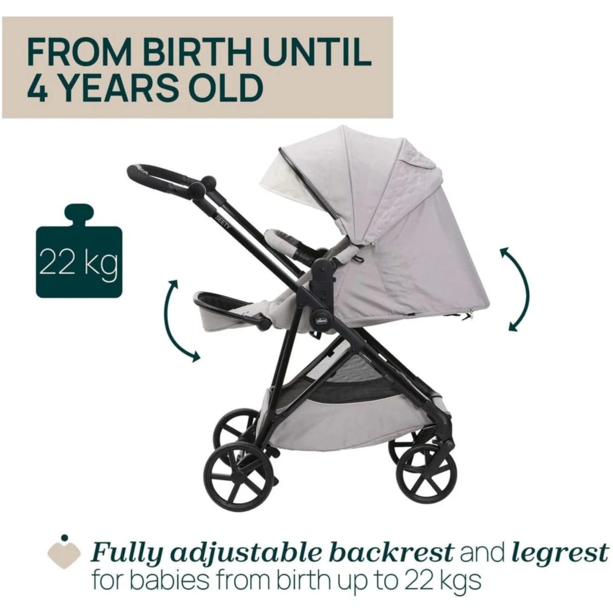 Chicco Seety Florence Beige passeggino schienale e poggiapiedi regolabili per bambini 0-22 kg