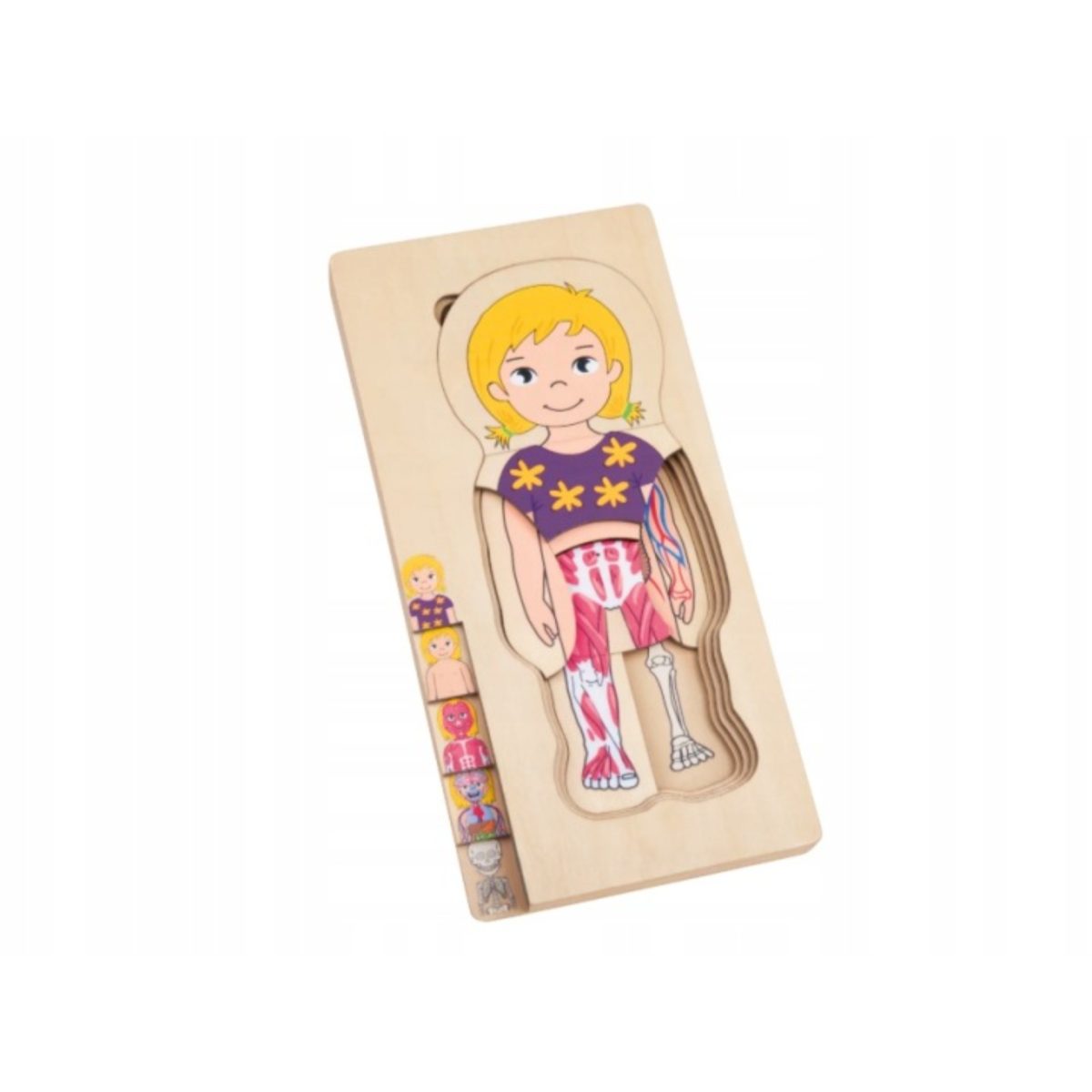 Puzzle corpo umano educativo in legno Playtive bambina, dettaglio strato muscoli e scheletro rimosso parzialmente