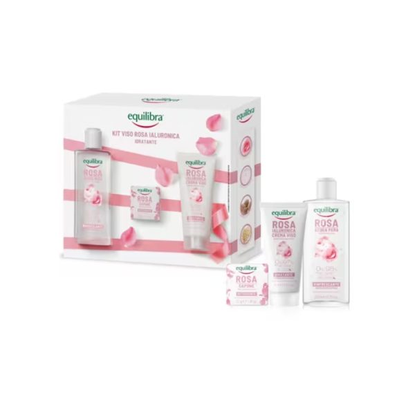 Equilibra Rosa Ialuronica set regalo viso con confezione e i 3 prodotti inclusi: acqua pura, sapone e crema