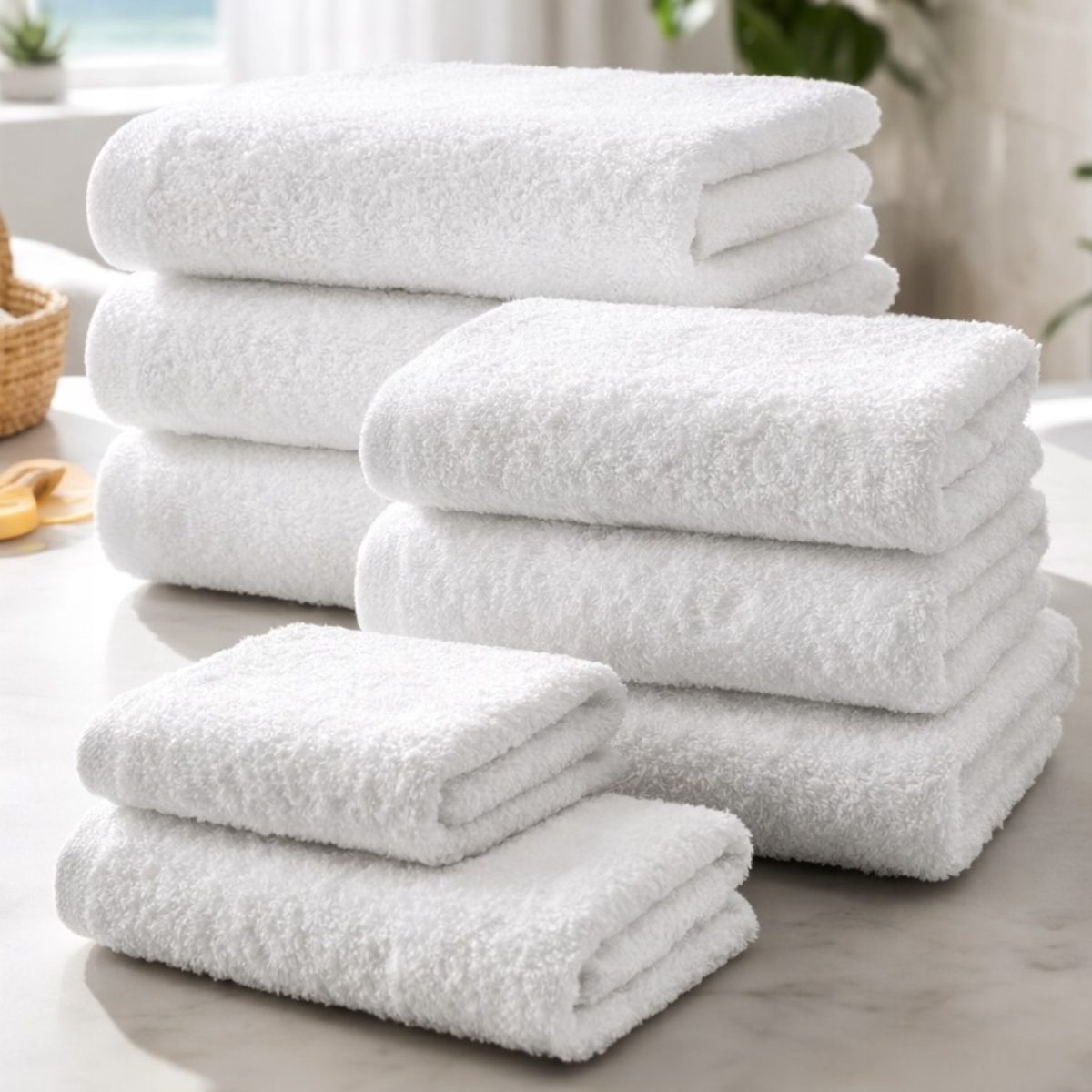 Livarno Asciugamani Cotone Puro 2 Pezzi Bianco 50x100cm disposti su marmo in ambiente bagno