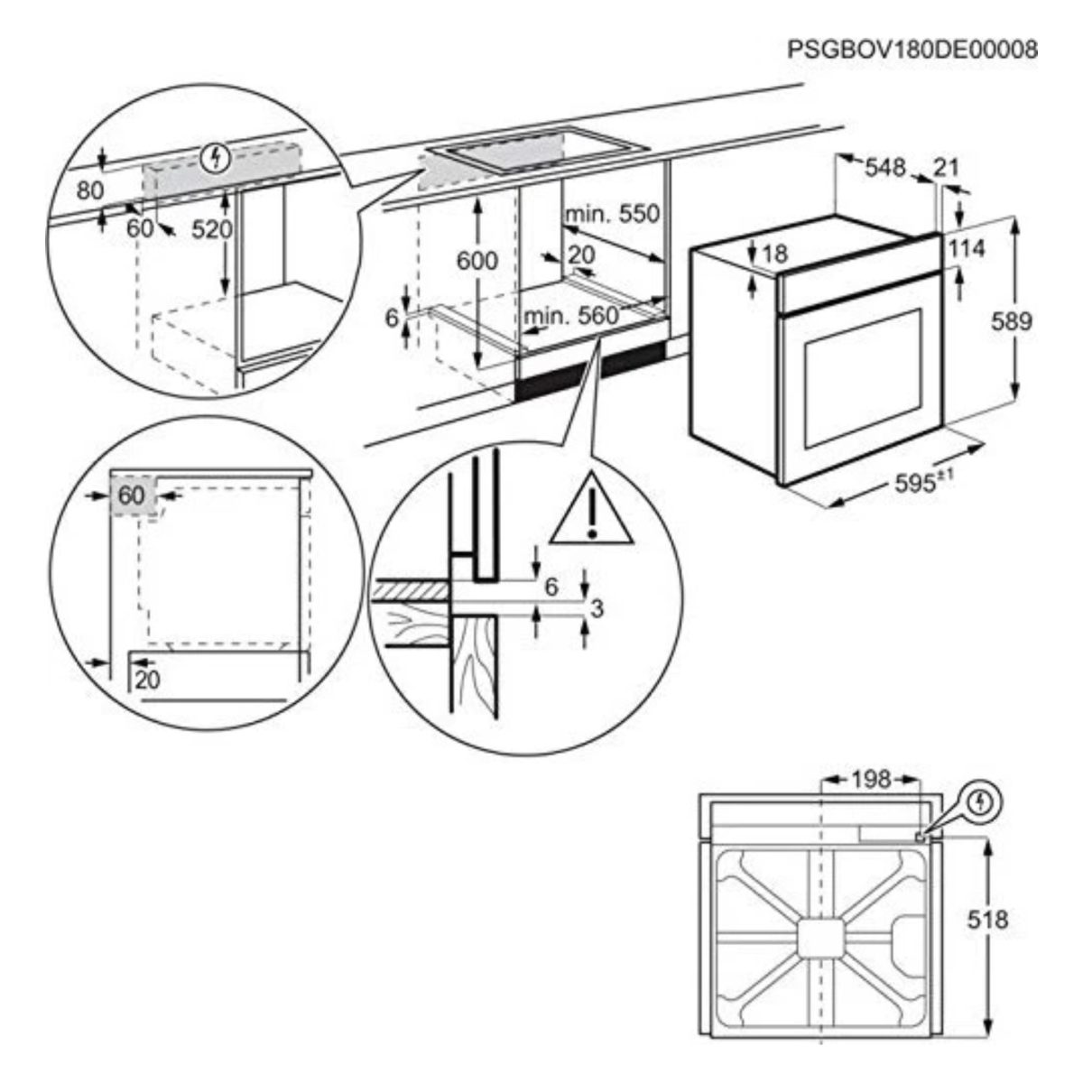 Electrolux FR65G forno da incasso, schema tecnico con misure e istruzioni di installazione