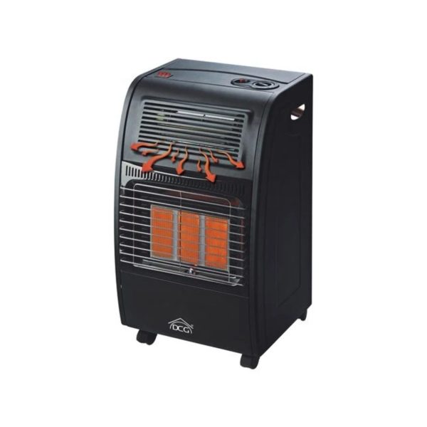 Stufa a gas DCG GH09 4200W nero, vista frontale con griglia infrarossi e ventola turbo
