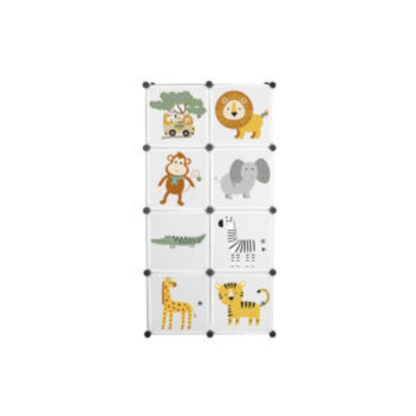 Scaffale Portaoggetti Bambini LIVARNO con 8 cubi decorati animali safari, vista frontale completa