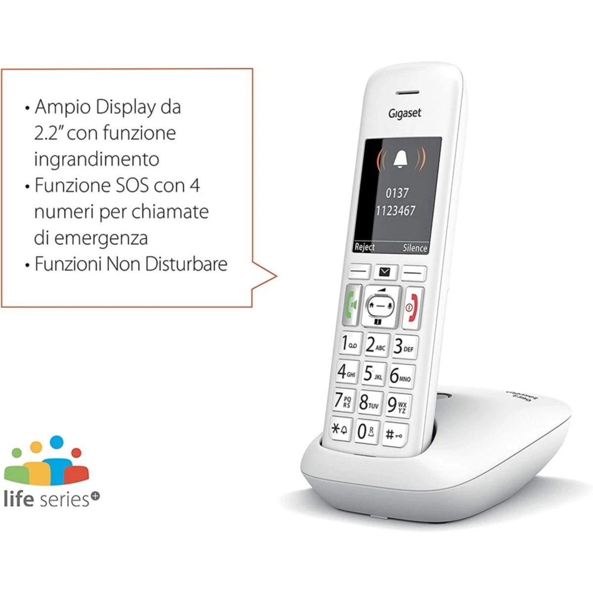 Gigaset E390 cordless con base di ricarica, display che mostra chiamata in arrivo con opzioni Reject e Silence
