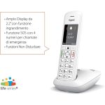 Gigaset E390 cordless con base di ricarica, display che mostra chiamata in arrivo con opzioni Reject e Silence