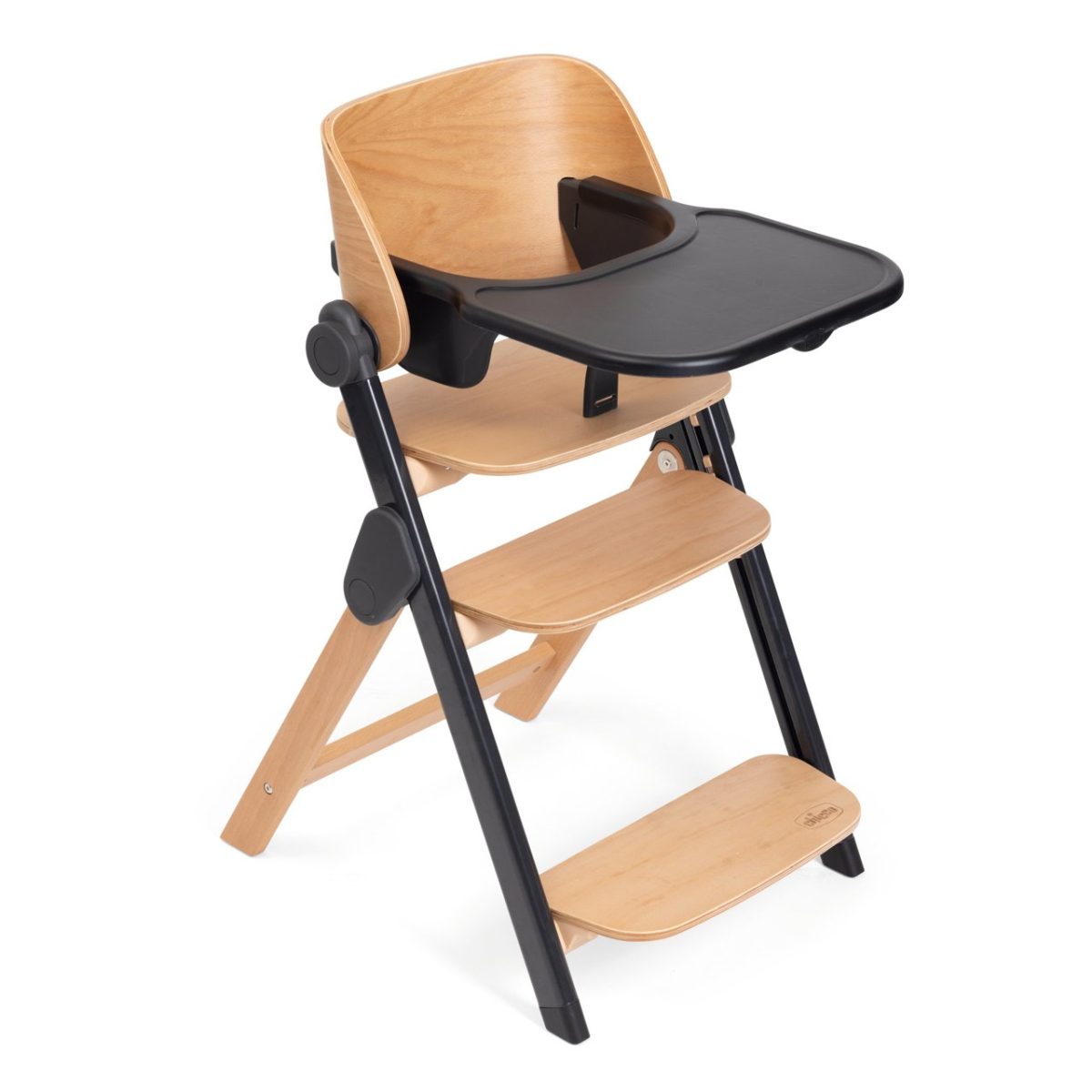 Chicco Meraviglia 4in1 Ebony - Vista frontale Chicco Sedia Evolutiva Meraviglia 4in1 Ebony, vista frontale con vassoio e struttura in legno di faggio