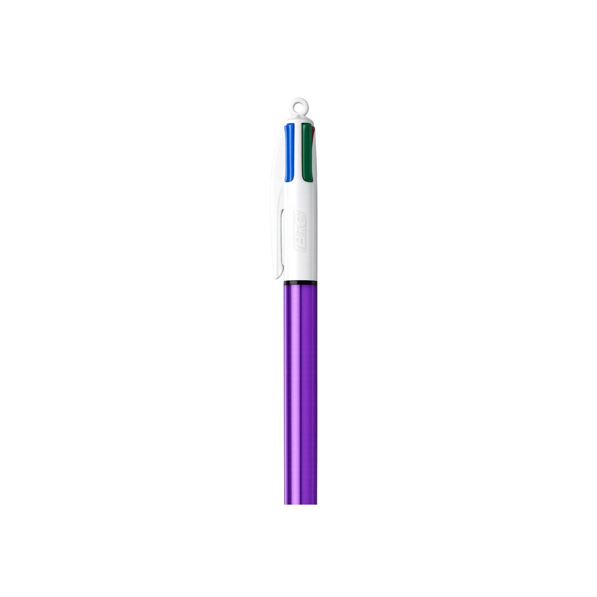 Penna a scatto BIC 4 Colori Shine viola e bianca, vista verticale con selettori colore in evidenza