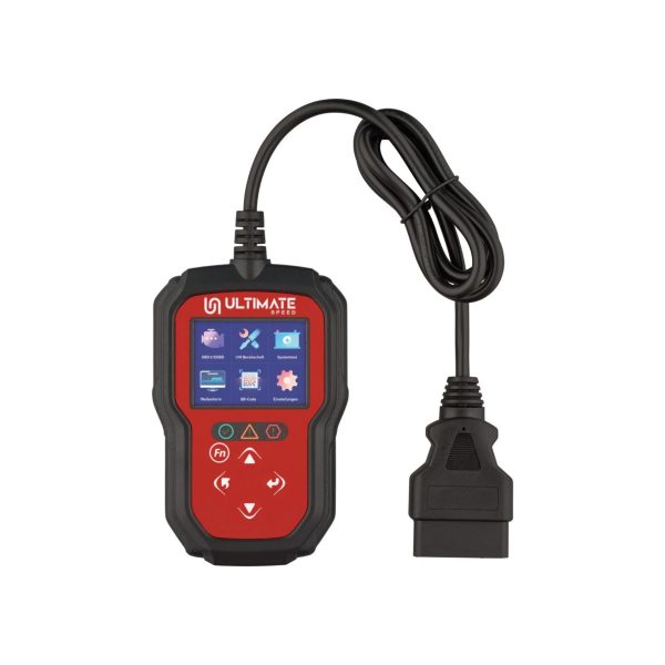 Ultimate Speed USOBD A1 diagnosi OBD2 auto, vista frontale con display menu e connettore