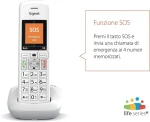 Gigaset E390 telefono cordless con dettaglio tasto SOS per chiamata di emergenza a 4 numeri memorizzati