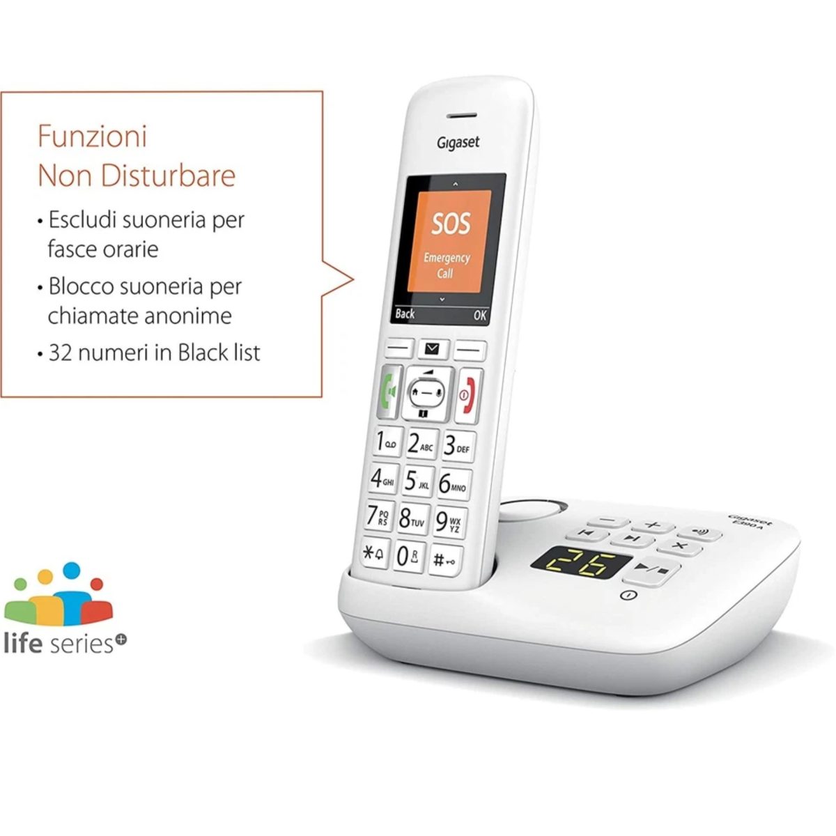 Gigaset E390 telefono cordless con base dotata di display numerico, funzioni Non Disturbare e blocco chiamate anonime