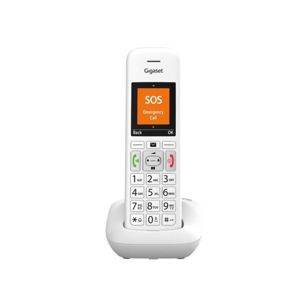 Gigaset E390 Cordless Bianco - Vista Frontale Gigaset E390 telefono cordless bianco con base, display SOS Emergency Call e tastiera numerica ampia