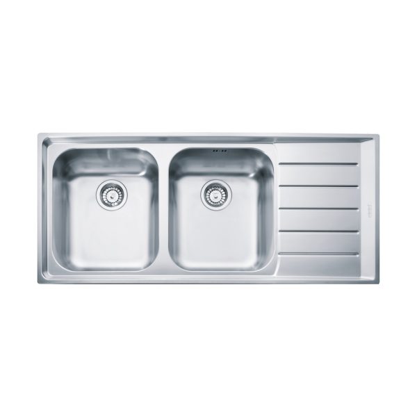 Franke Neptune NEX 221 lavello inox satinato 2 vasche, vista dall'alto con gocciolatoio a destra