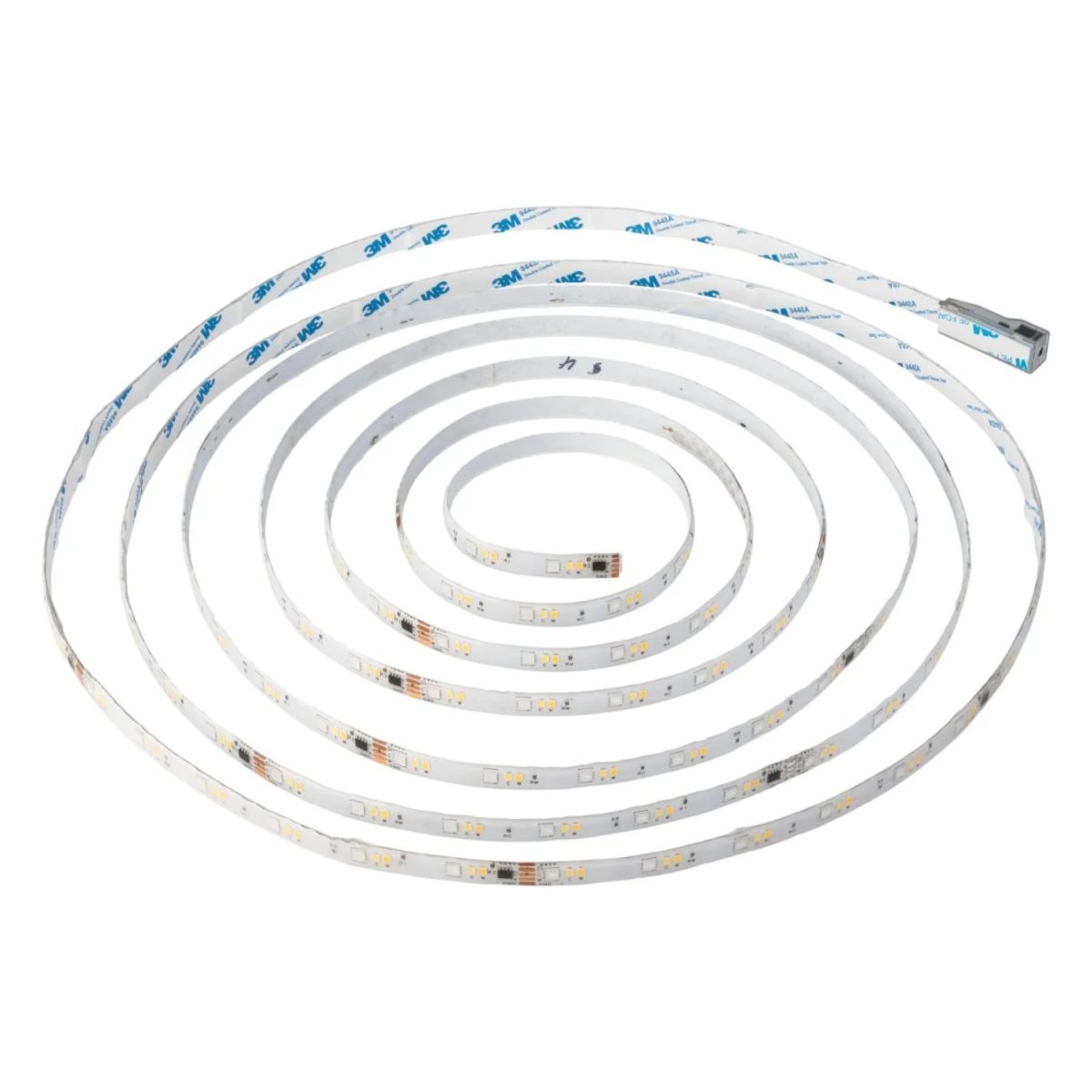 Striscia LED Livarno 5m - vista completa Striscia LED Livarno 5 metri svolta con adesivo 3M e connettore, vista completa su sfondo bianco