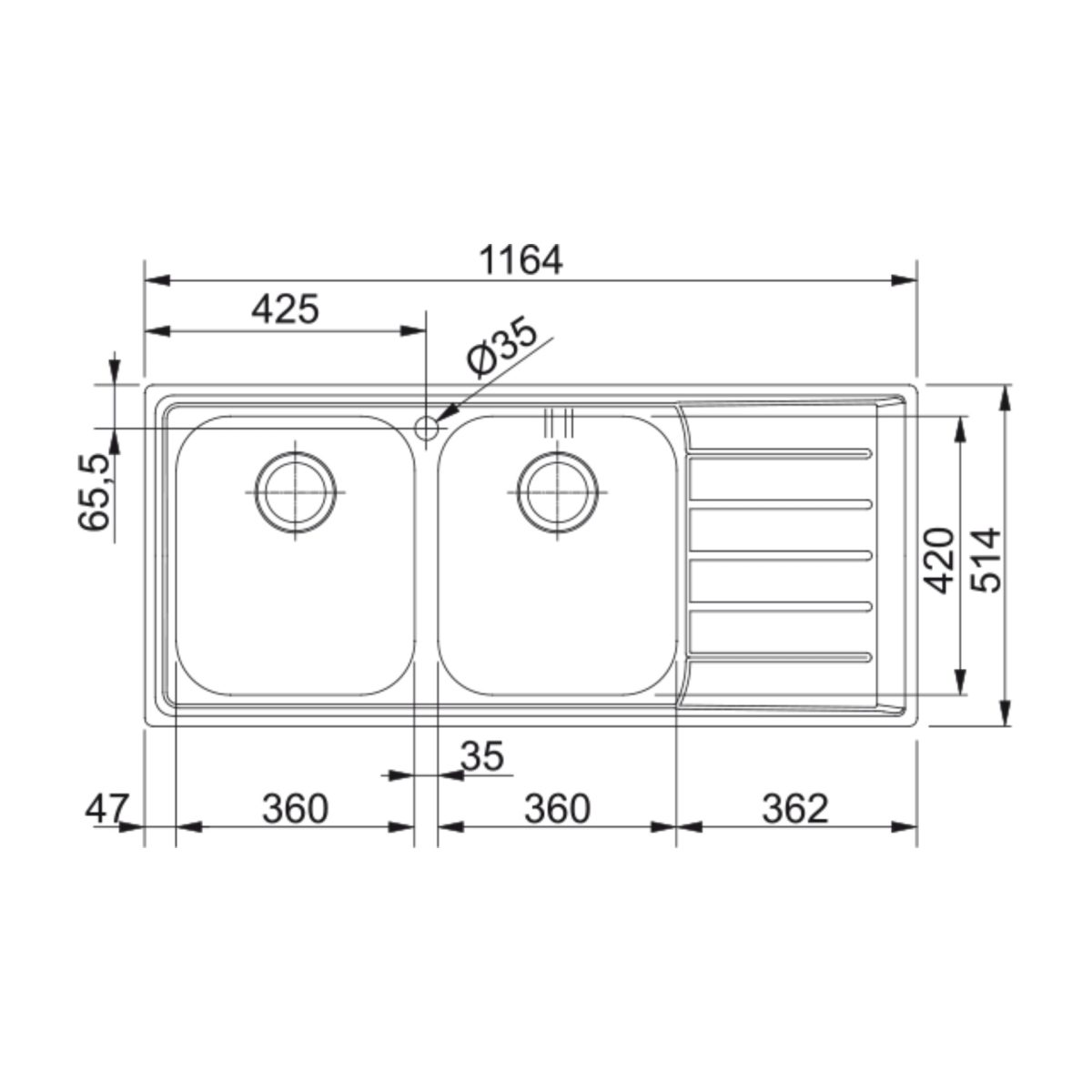 Franke Neptune NEX 221 lavello inox satinato, disegno tecnico con dimensioni e misure di ingombro