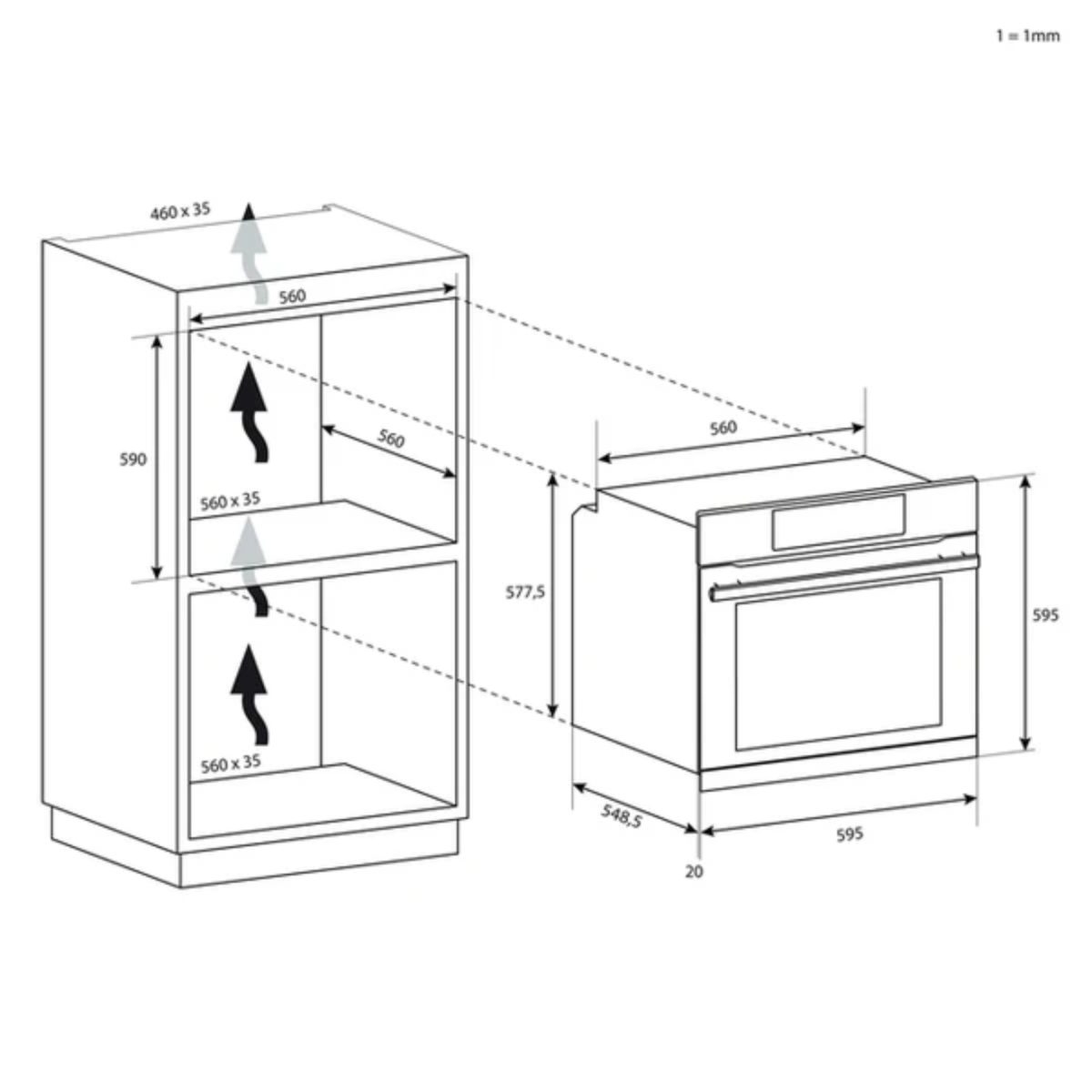 Forno Candy Classic FCC604GH/E, schema tecnico con dimensioni e misure per installazione a incasso