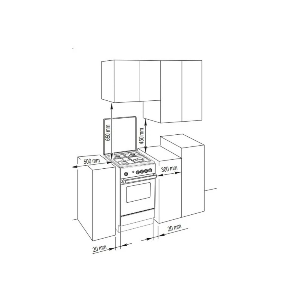 Cucina De'Longhi SGW 554 GN N schema tecnico con misure di ingombro e distanze di installazione in cucina